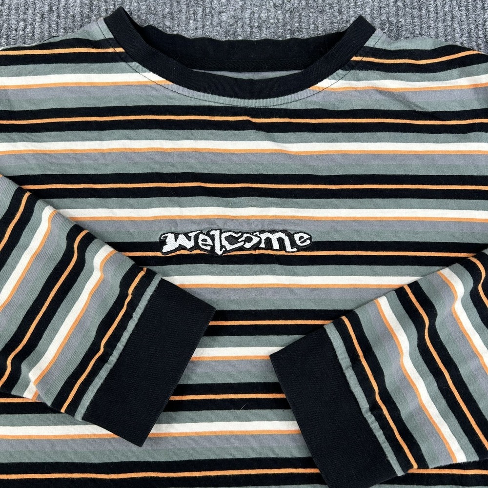 Welcome Skateboard Long Sleeve Striped T Shirt Large 90s Grunge Y2K Layer Green